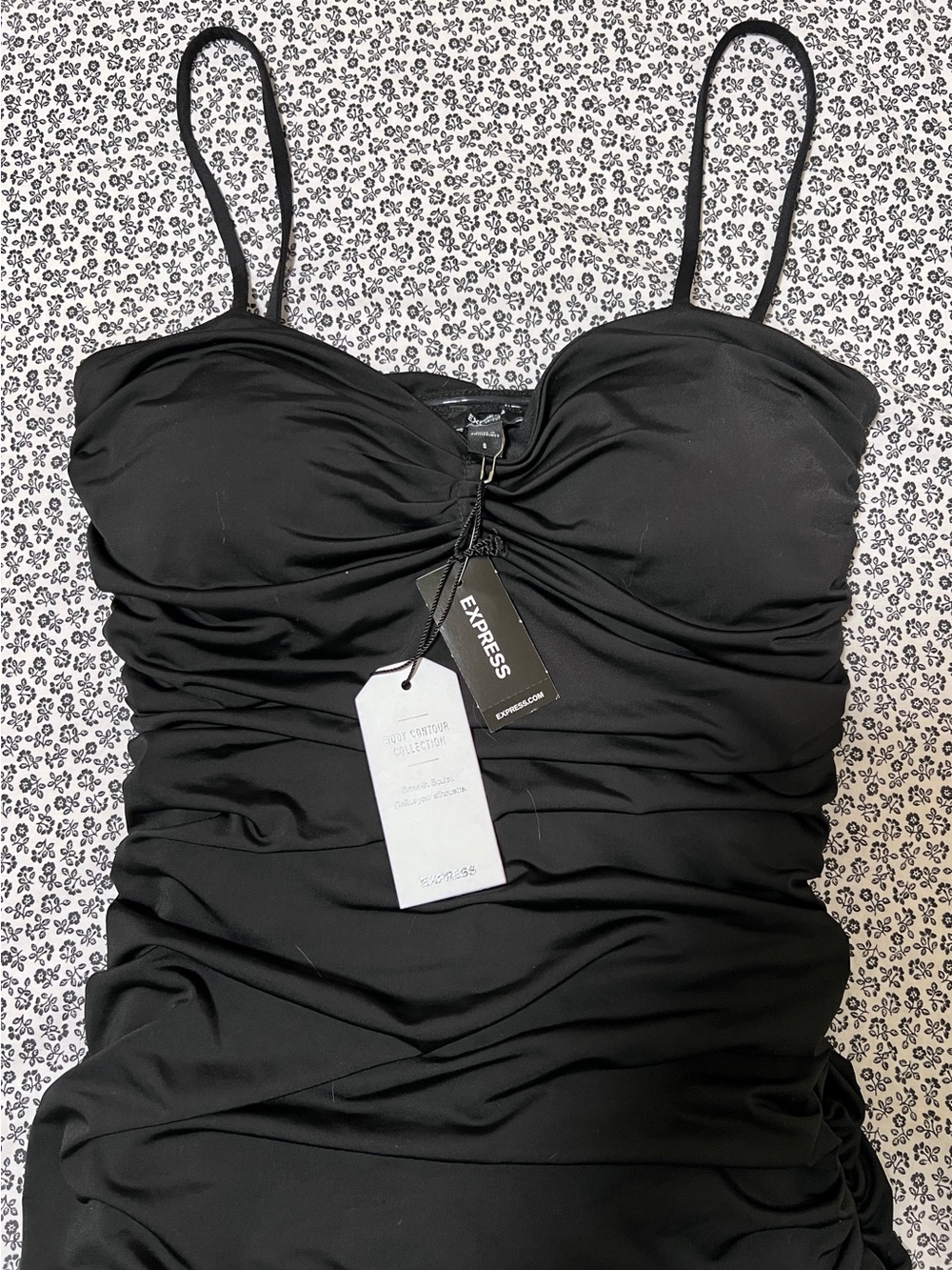 Express Black Ruched Occasion Dress with Sweetheart Neckline